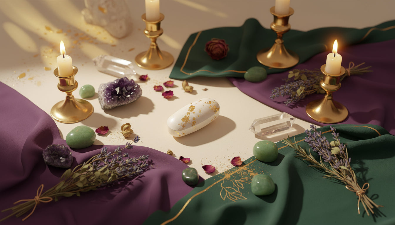 Decorative table setting with candles, crystals, and herbs on a purple and green tablecloth.